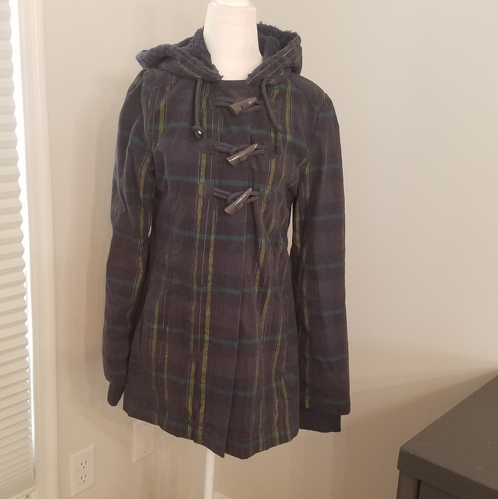 O'Neill navy fur hood zip up 90s plaid corduroy coat
